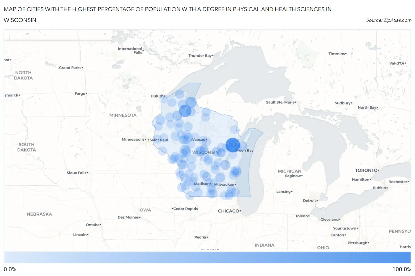 Cities with the Highest Percentage of Population with a Degree in Physical and Health Sciences in Wisconsin Map