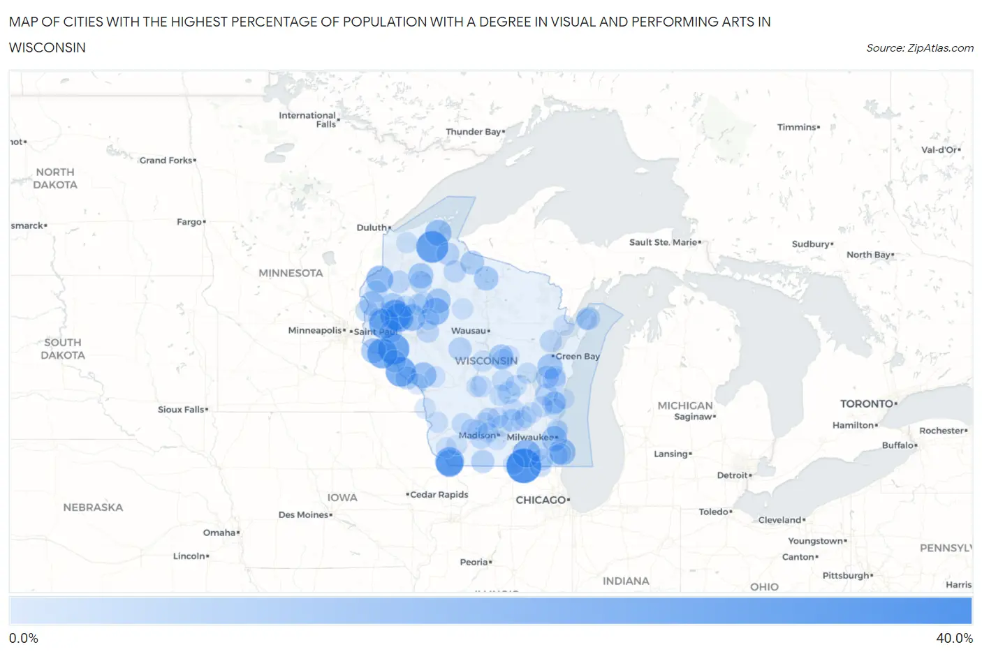 Cities with the Highest Percentage of Population with a Degree in Visual and Performing Arts in Wisconsin Map