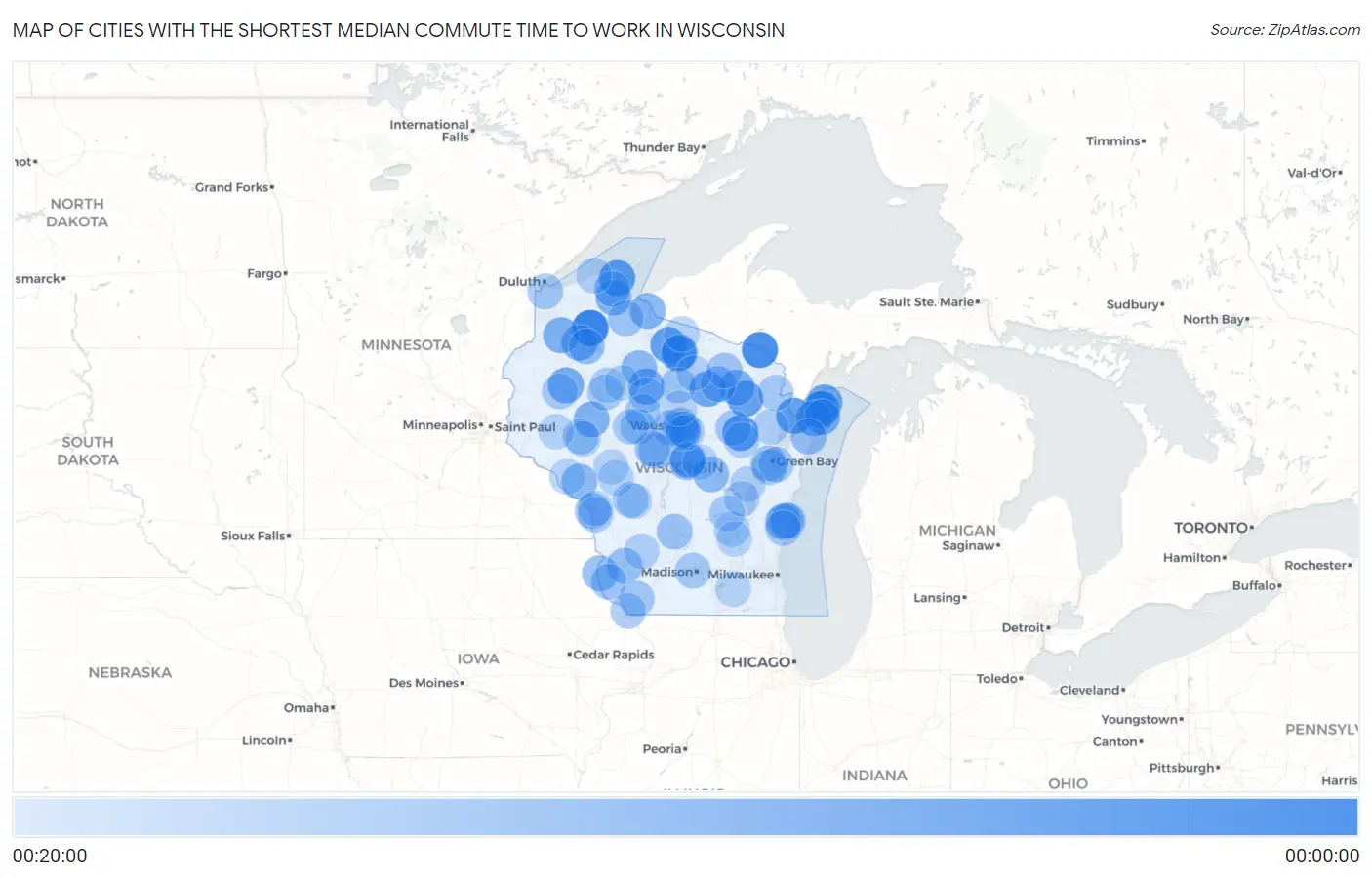 Cities with the Shortest Median Commute Time to Work in Wisconsin Map