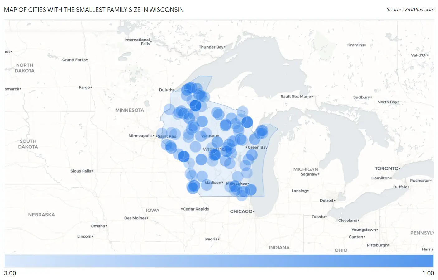 Cities with the Smallest Family Size in Wisconsin Map