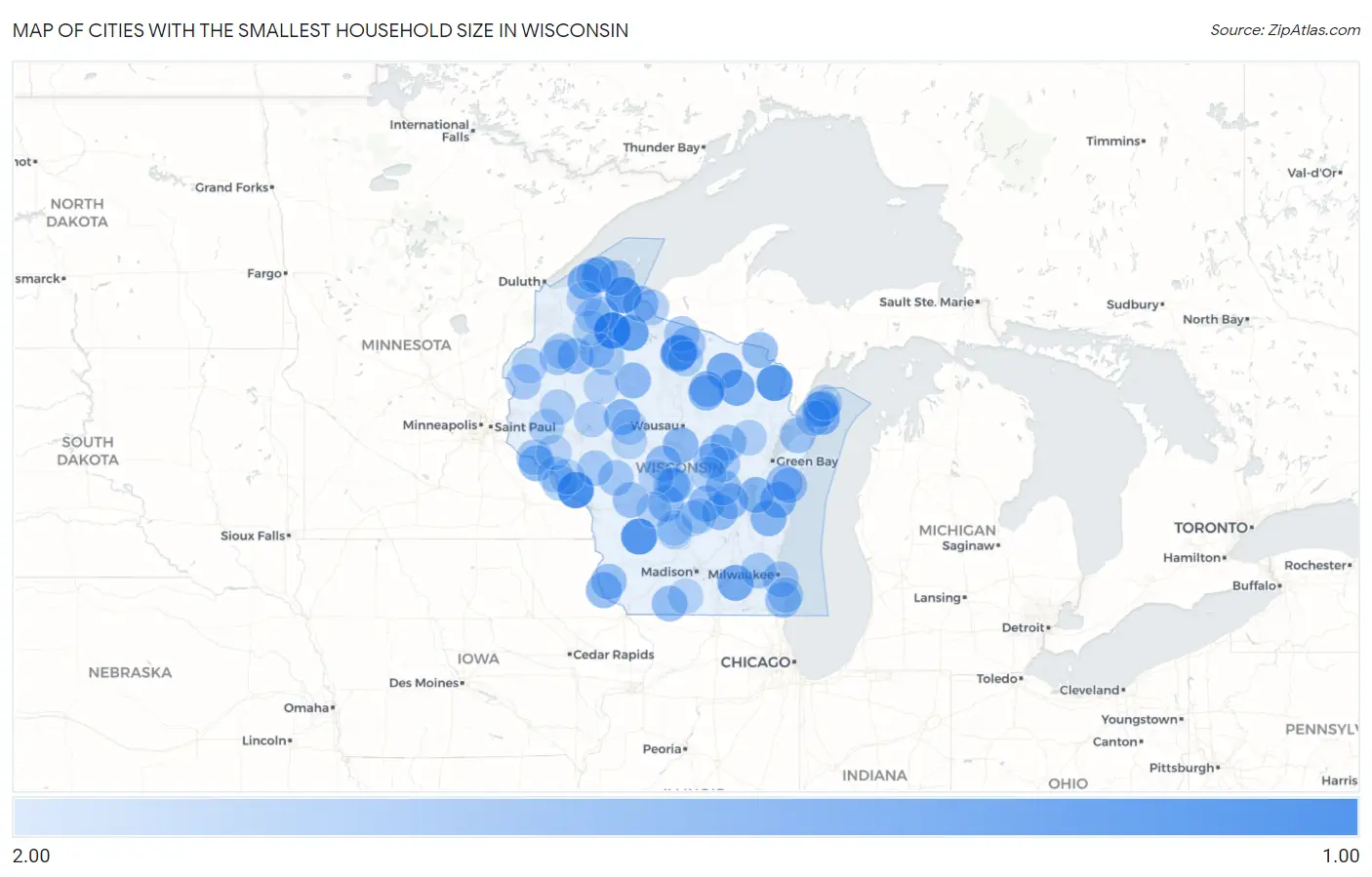 Cities with the Smallest Household Size in Wisconsin Map