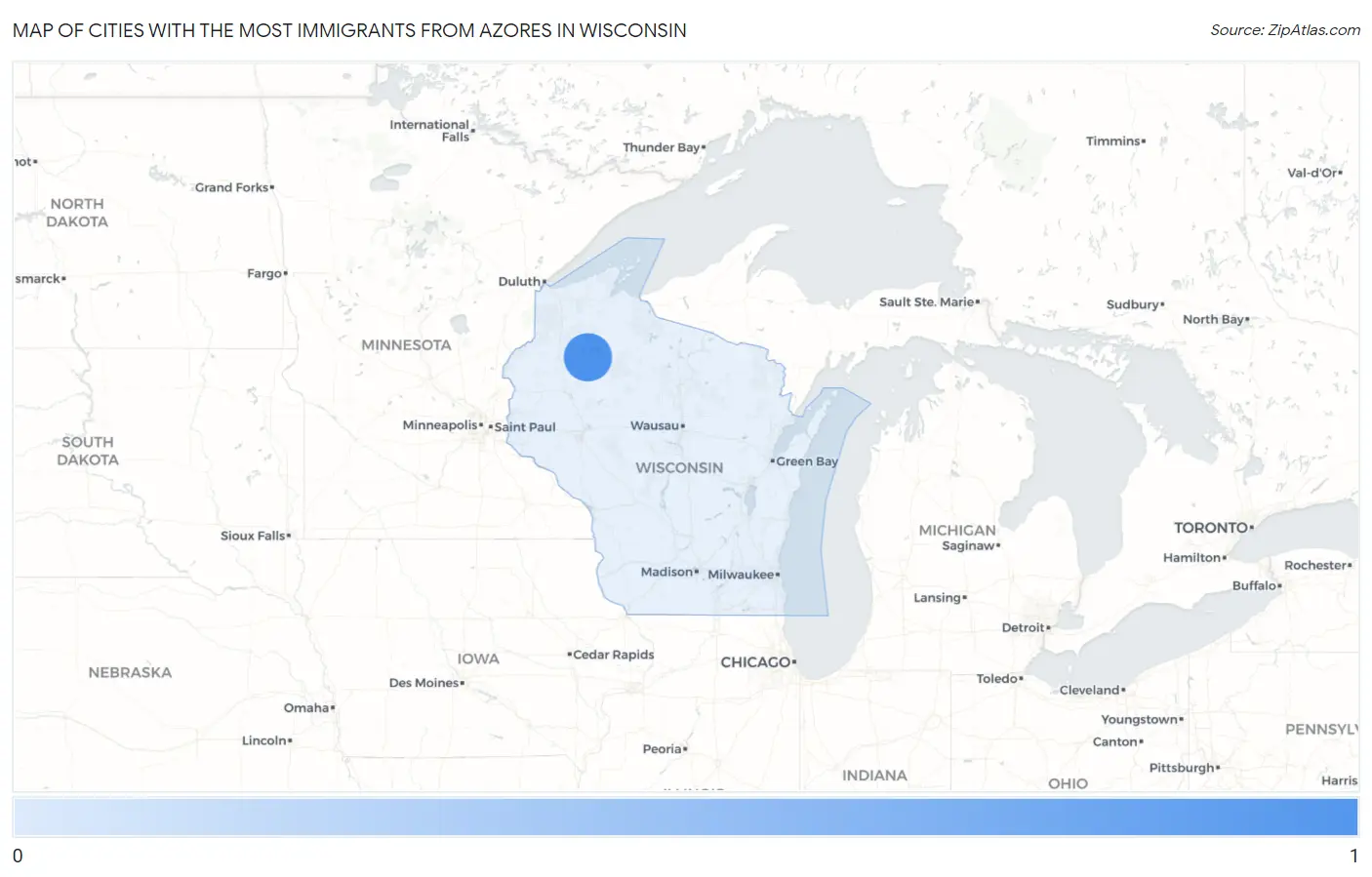 Cities with the Most Immigrants from Azores in Wisconsin Map