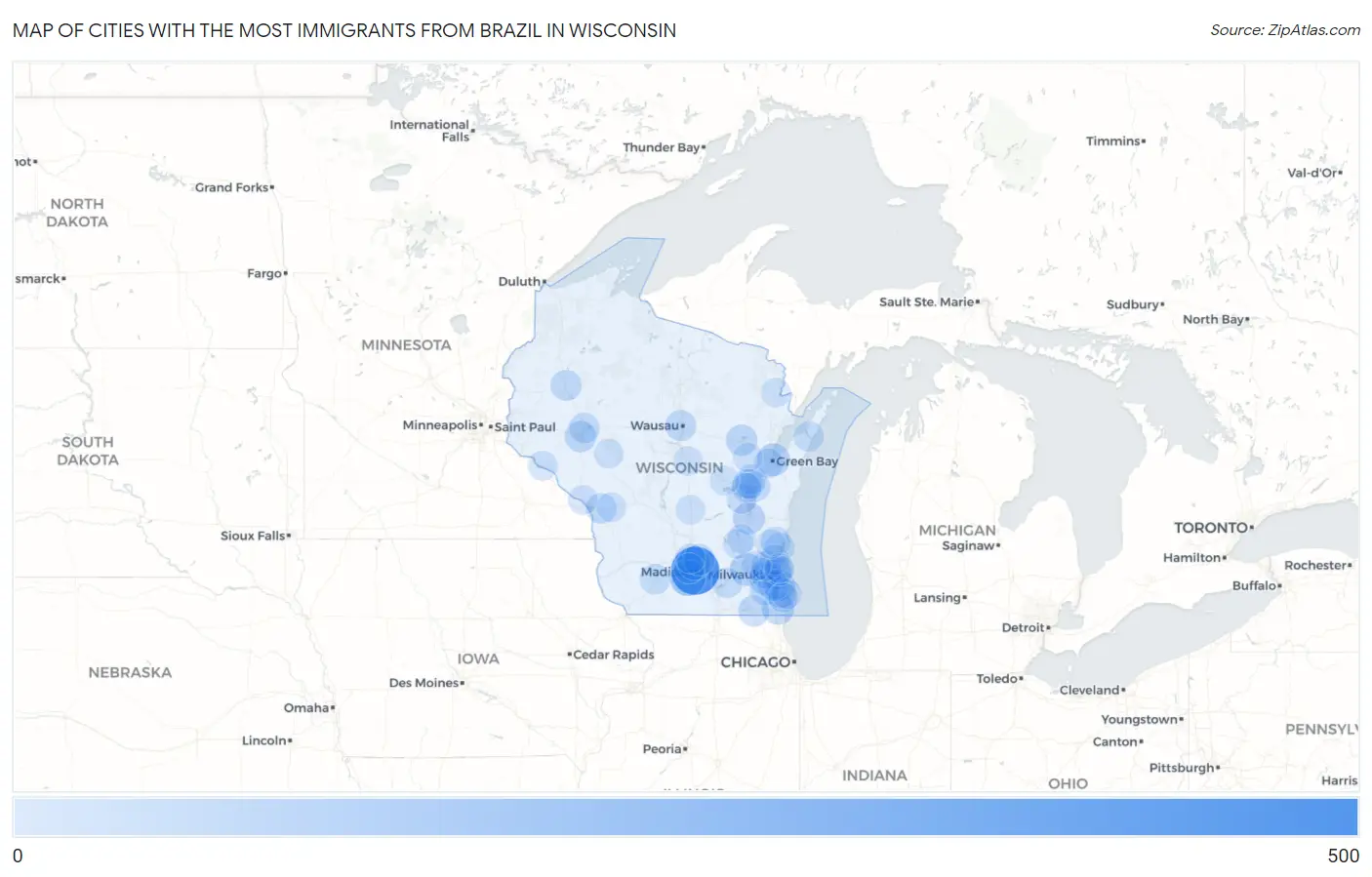 Cities with the Most Immigrants from Brazil in Wisconsin Map