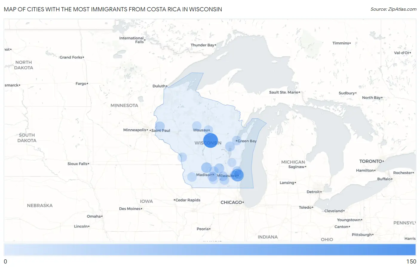 Cities with the Most Immigrants from Costa Rica in Wisconsin Map