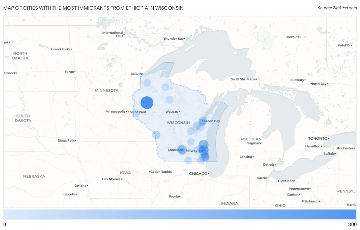 Cities with the Most Immigrants from Ethiopia in Wisconsin Map