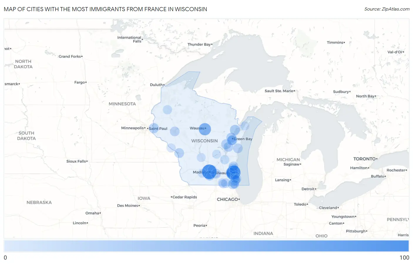 Cities with the Most Immigrants from France in Wisconsin Map