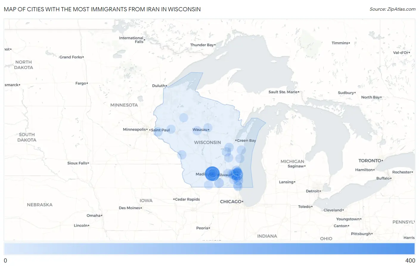 Cities with the Most Immigrants from Iran in Wisconsin Map