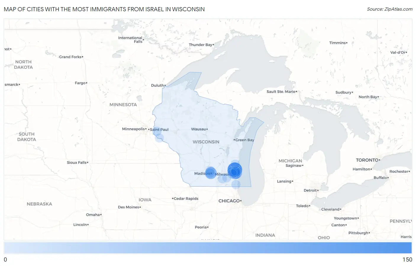 Cities with the Most Immigrants from Israel in Wisconsin Map