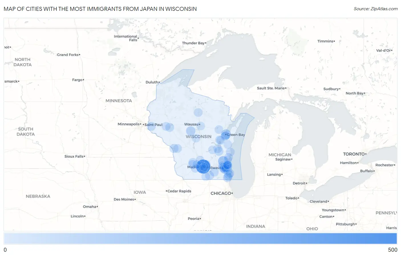 Cities with the Most Immigrants from Japan in Wisconsin Map