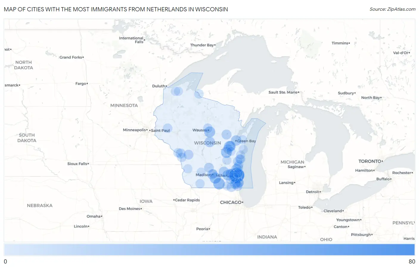 Cities with the Most Immigrants from Netherlands in Wisconsin Map