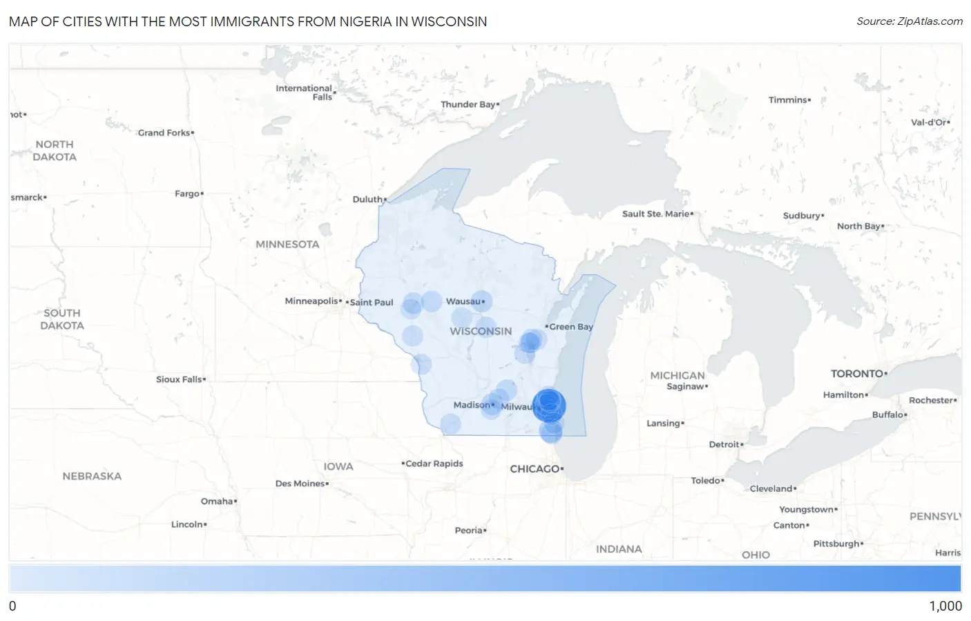 Cities with the Most Immigrants from Nigeria in Wisconsin Map