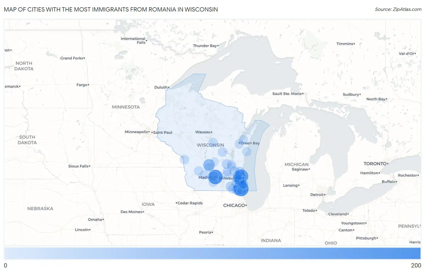 Cities with the Most Immigrants from Romania in Wisconsin Map