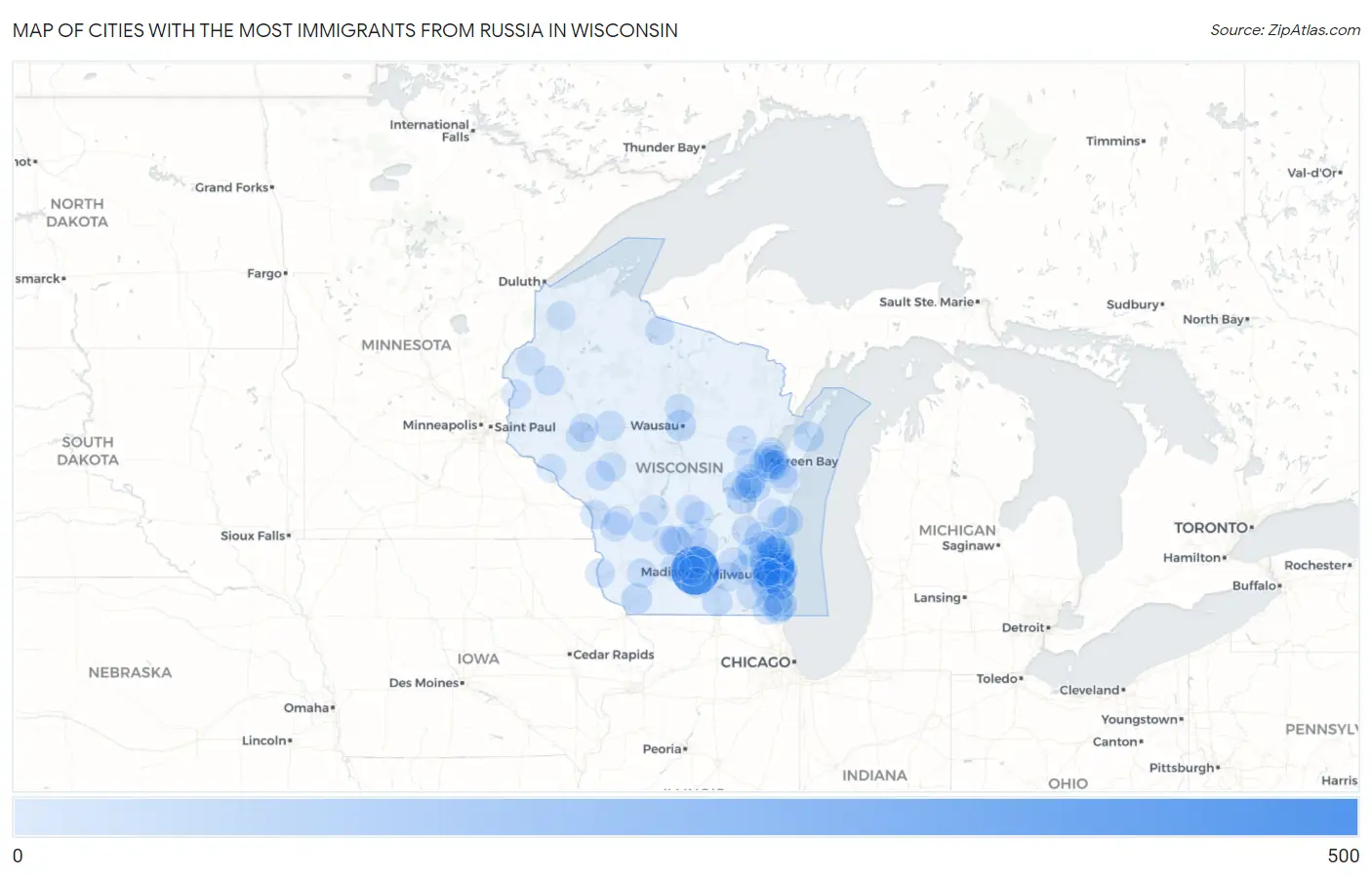 Cities with the Most Immigrants from Russia in Wisconsin Map