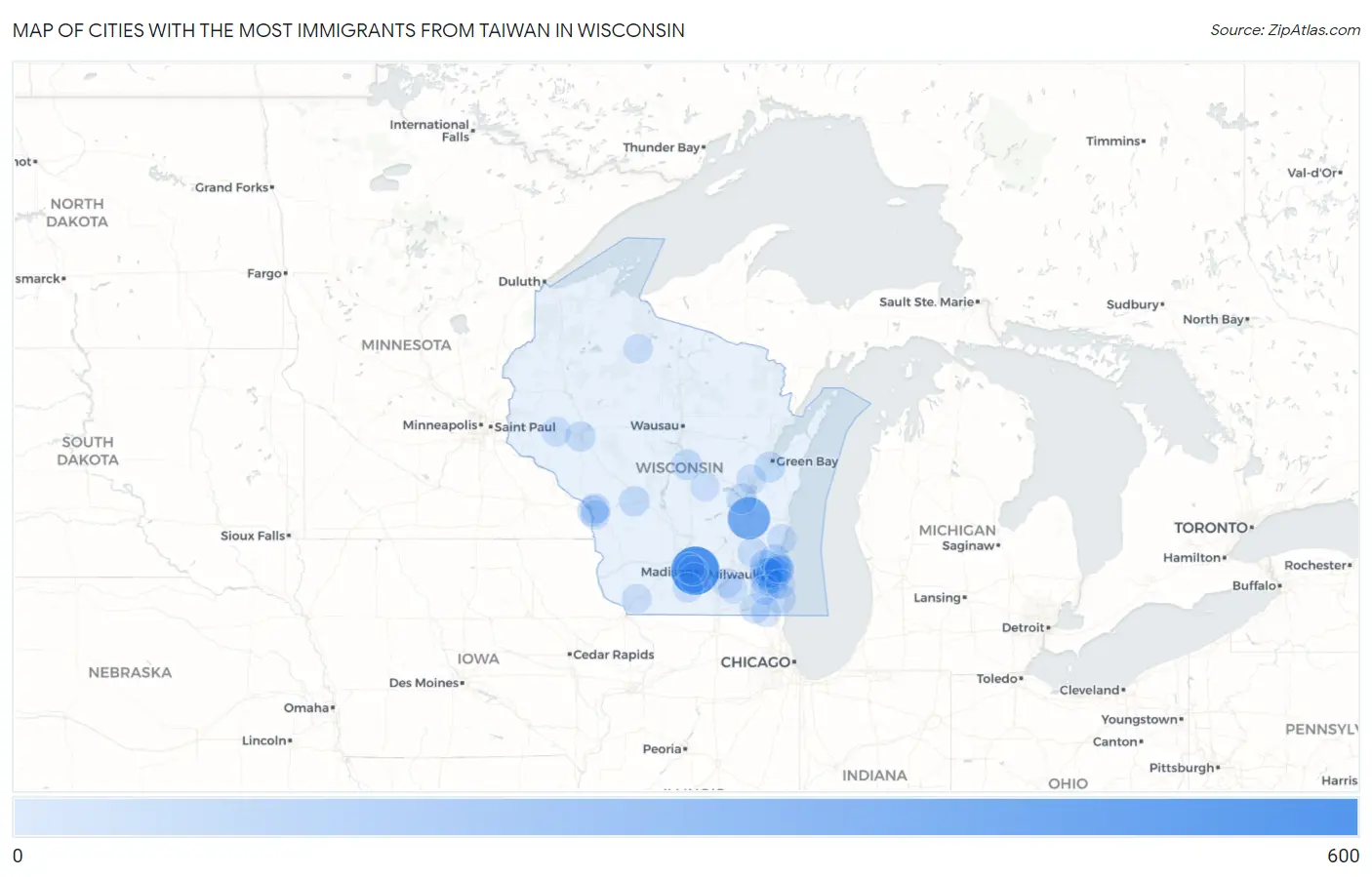 Cities with the Most Immigrants from Taiwan in Wisconsin Map