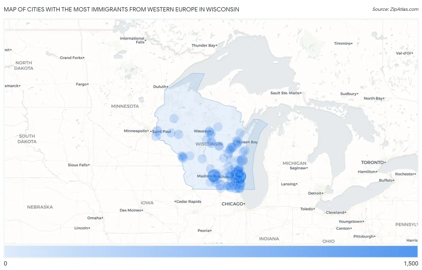 Cities with the Most Immigrants from Western Europe in Wisconsin Map
