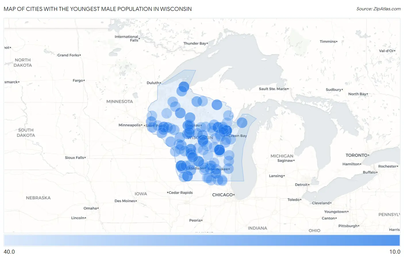 Cities with the Youngest Male Population in Wisconsin Map