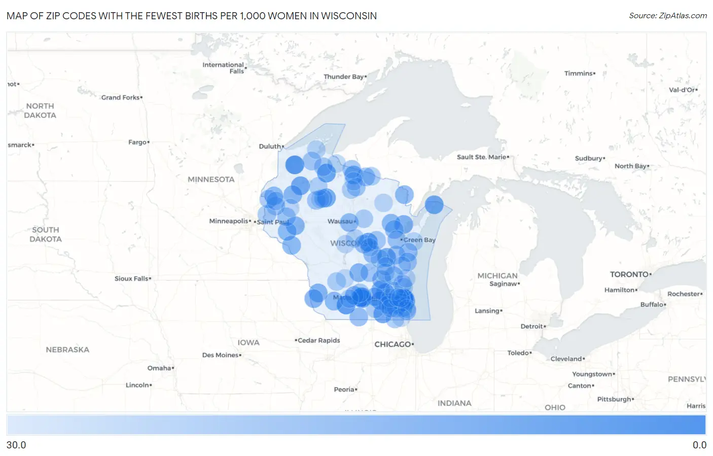 Zip Codes with the Fewest Births per 1,000 Women in Wisconsin Map