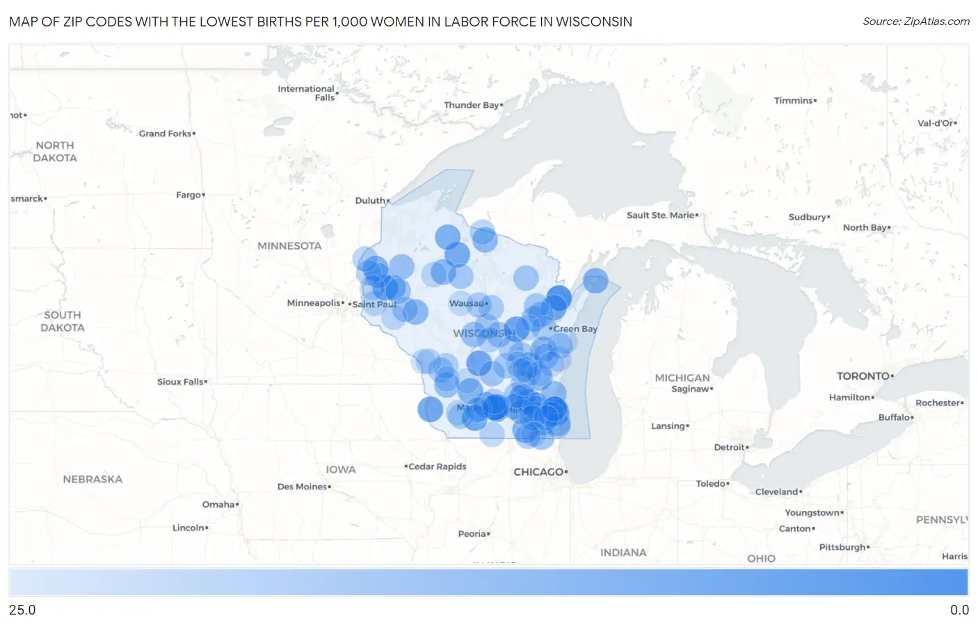 Zip Codes with the Lowest Births per 1,000 Women in Labor Force in Wisconsin Map
