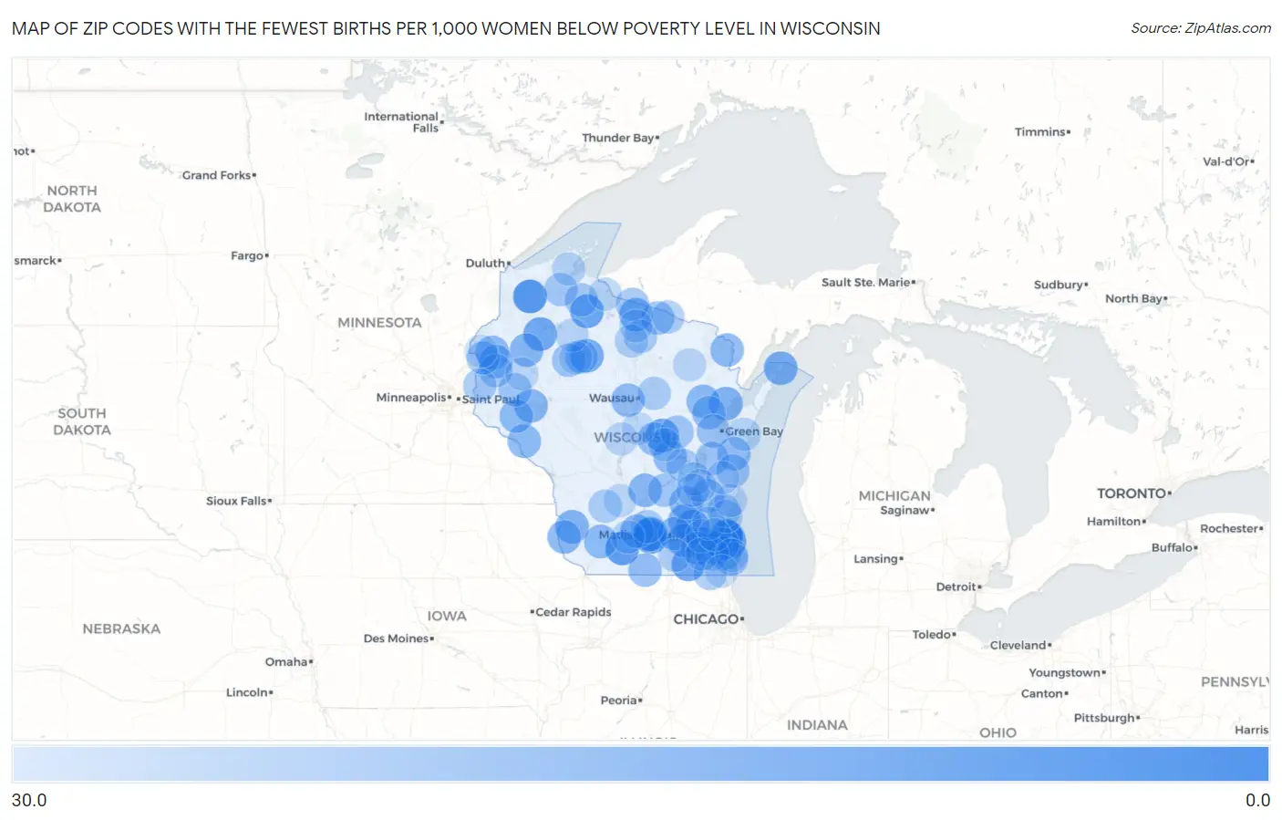 Zip Codes with the Fewest Births per 1,000 Women Below Poverty Level in Wisconsin Map