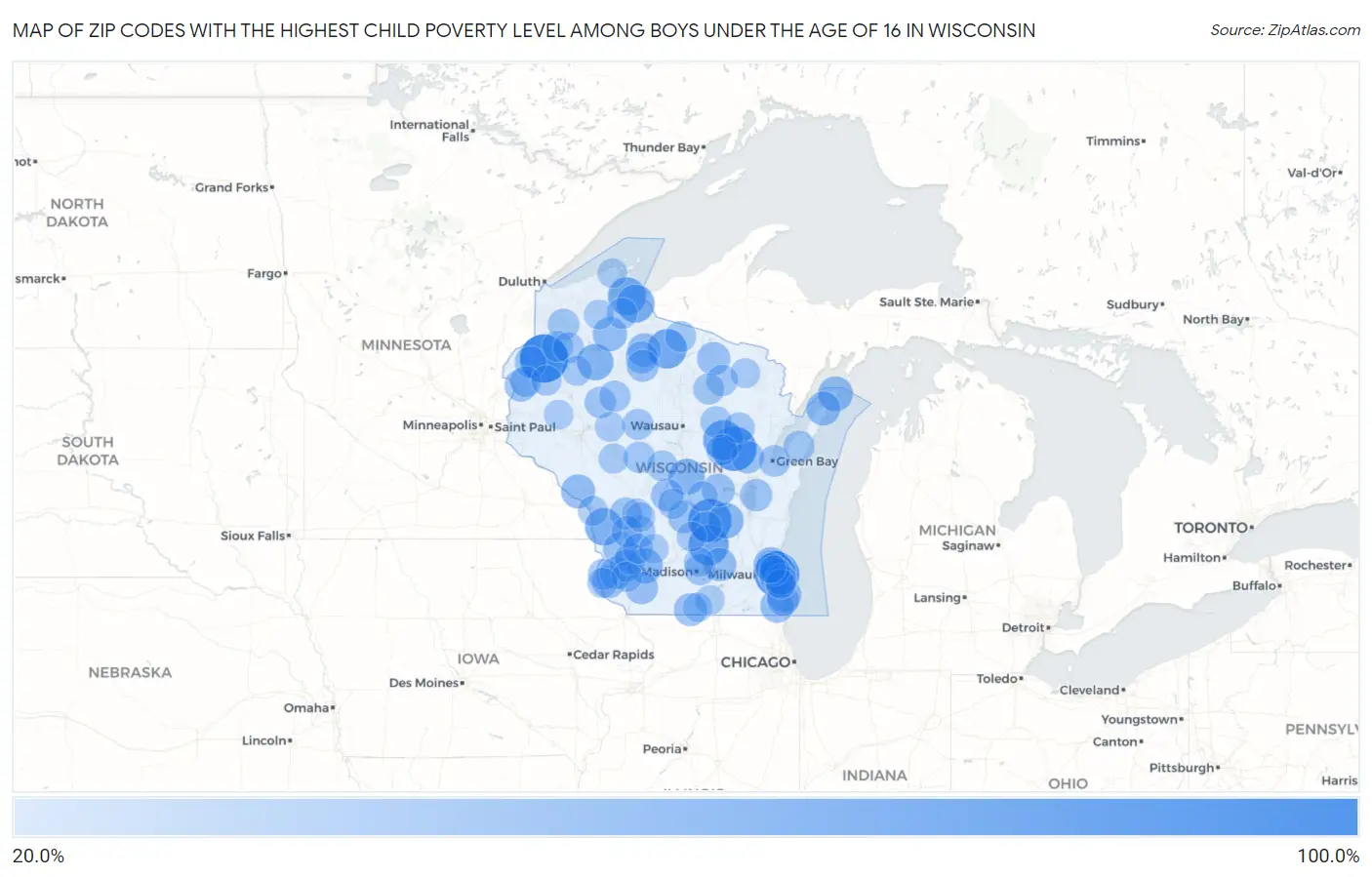 Zip Codes with the Highest Child Poverty Level Among Boys Under the Age of 16 in Wisconsin Map