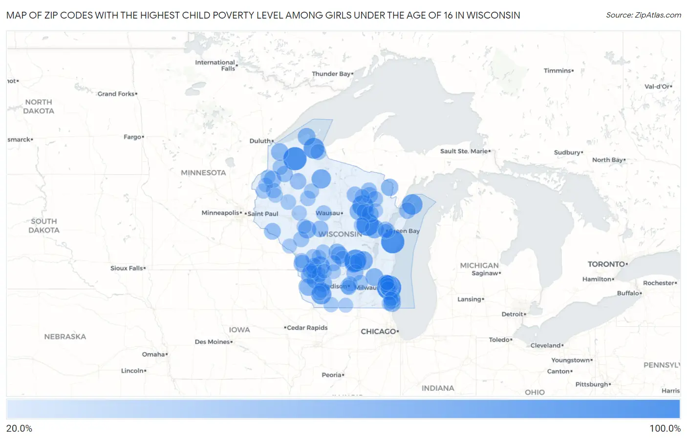 Zip Codes with the Highest Child Poverty Level Among Girls Under the Age of 16 in Wisconsin Map