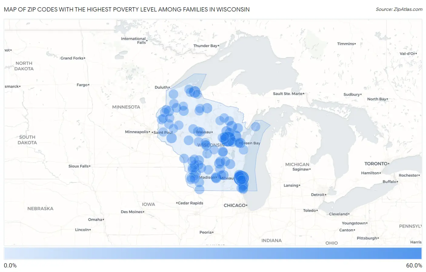 Zip Codes with the Highest Poverty Level Among Families in Wisconsin Map