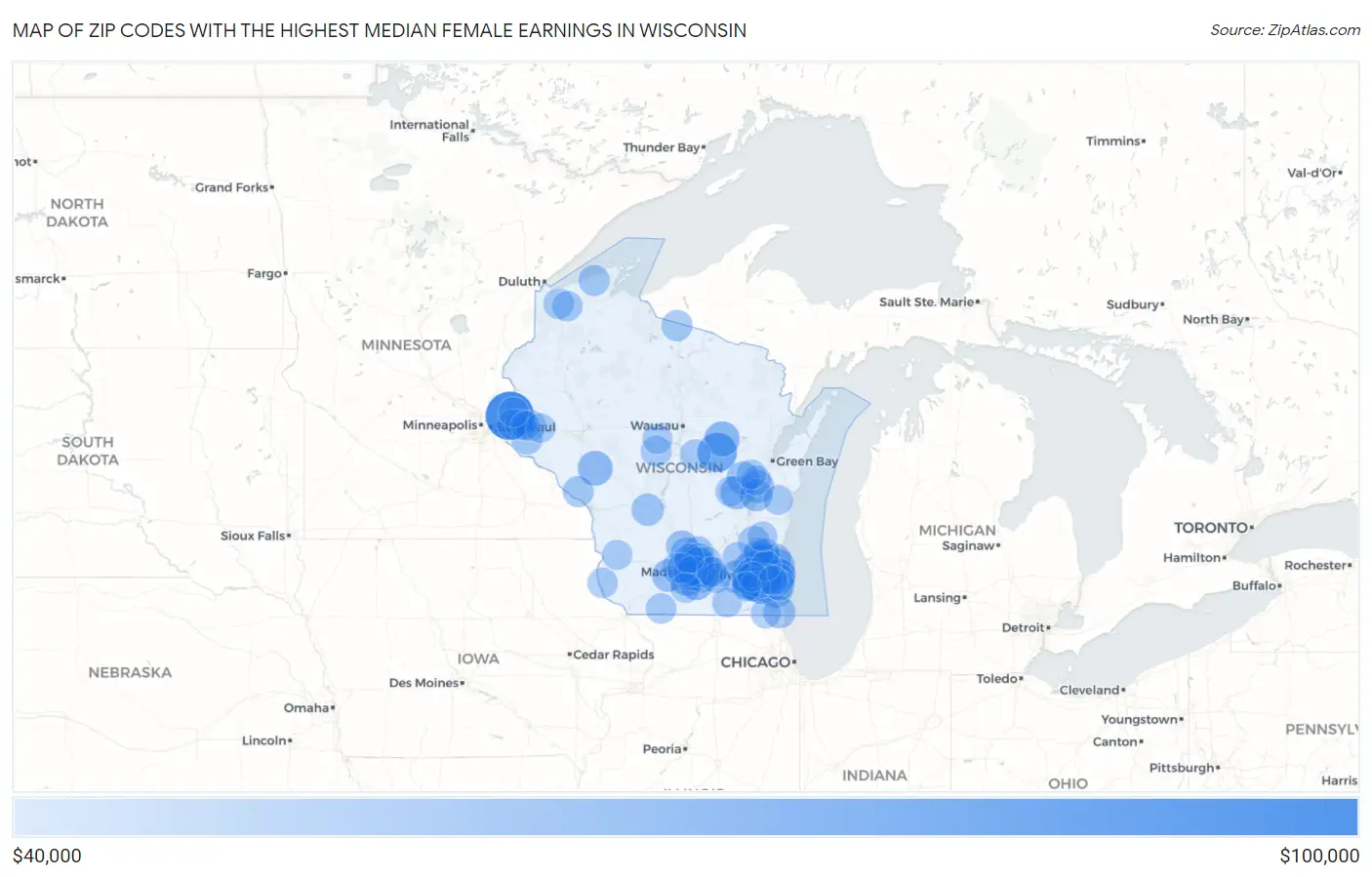 Zip Codes with the Highest Median Female Earnings in Wisconsin Map