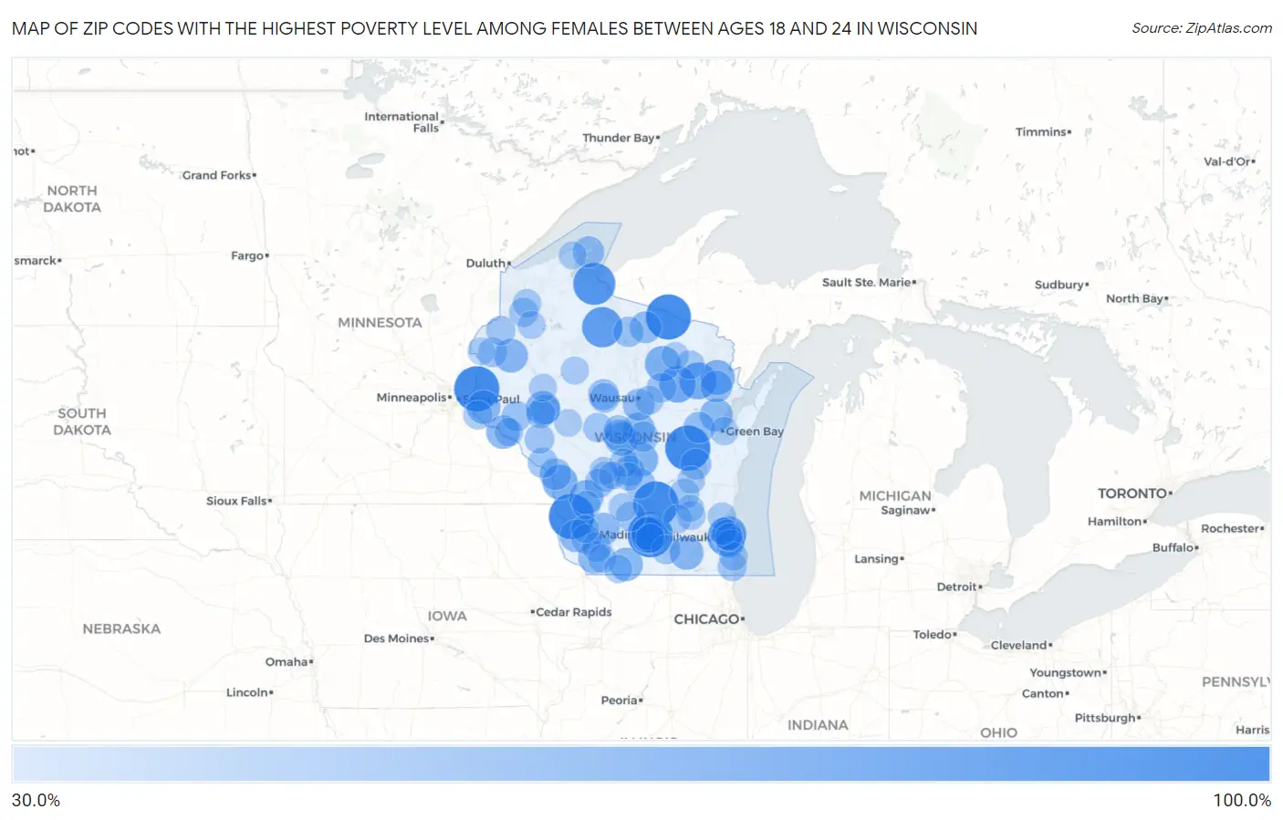 Zip Codes with the Highest Poverty Level Among Females Between Ages 18 and 24 in Wisconsin Map
