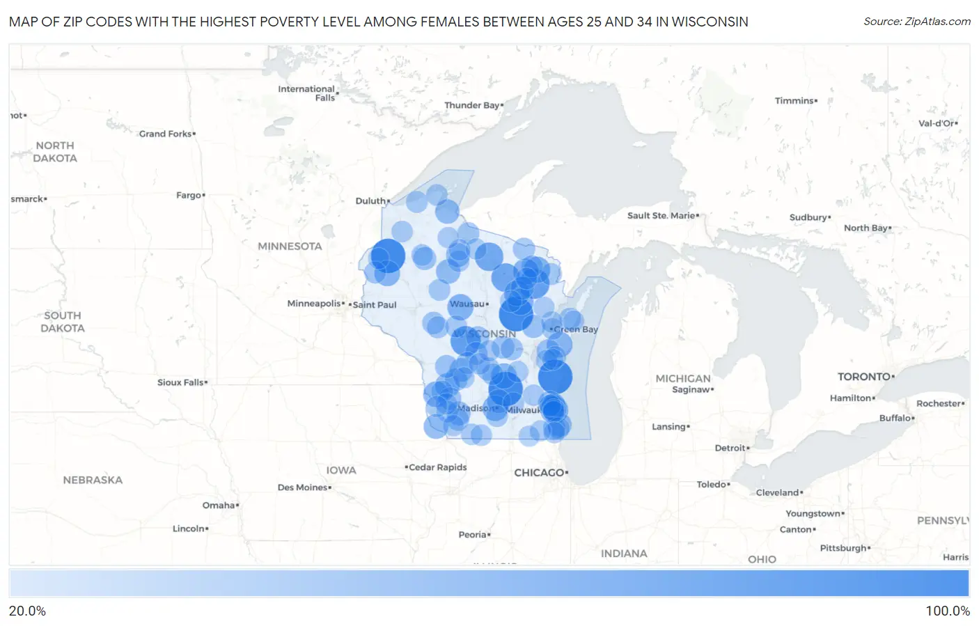 Zip Codes with the Highest Poverty Level Among Females Between Ages 25 and 34 in Wisconsin Map