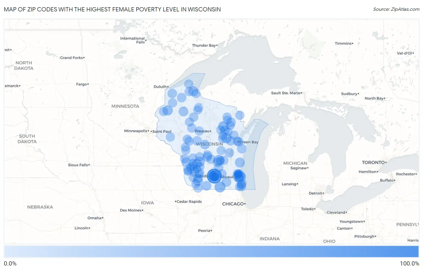 Zip Codes with the Highest Female Poverty Level in Wisconsin Map