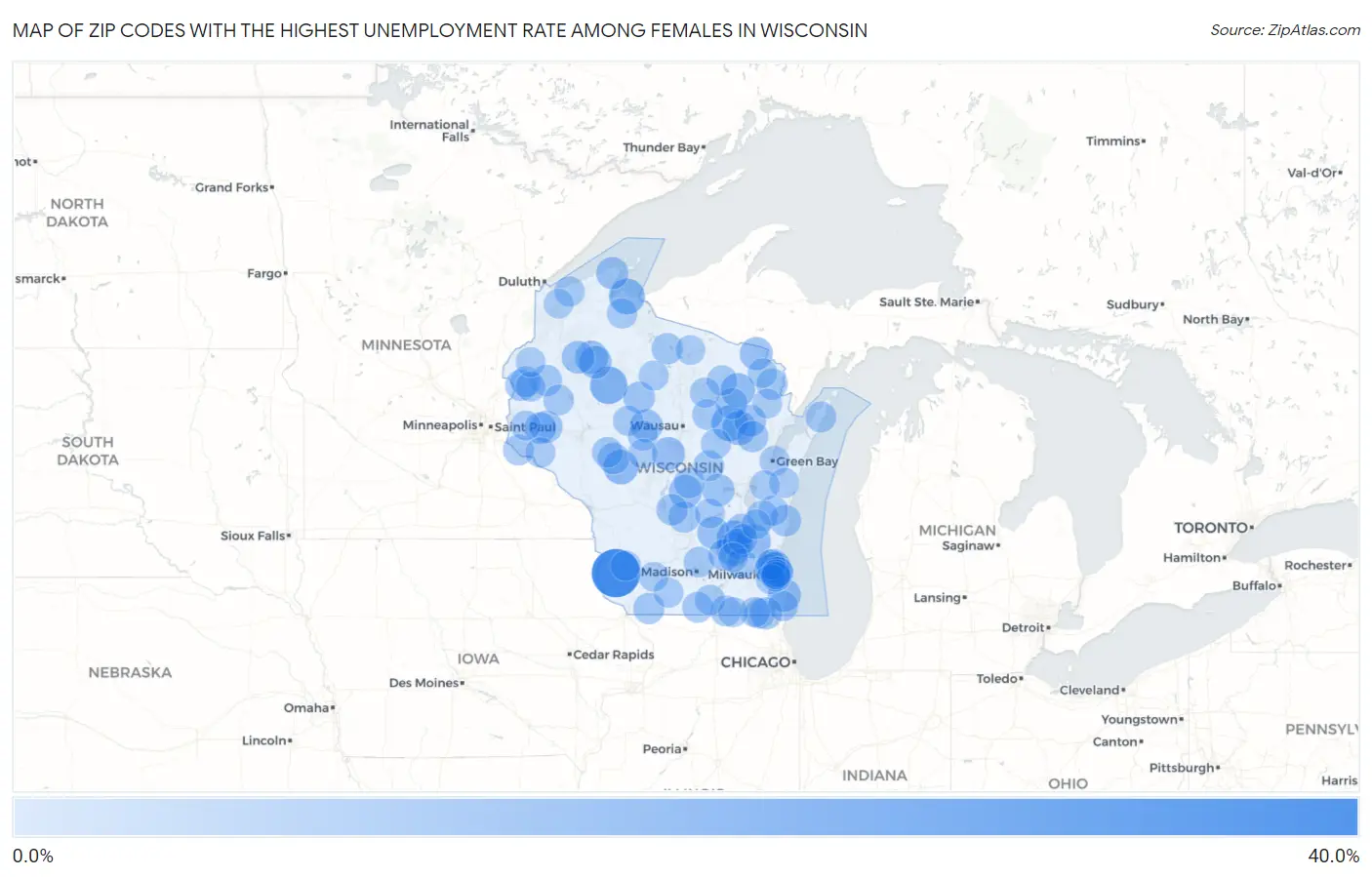 Zip Codes with the Highest Unemployment Rate Among Females in Wisconsin Map