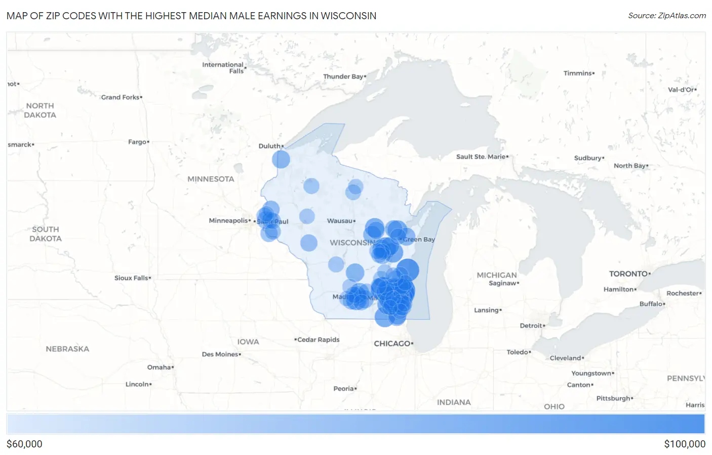 Zip Codes with the Highest Median Male Earnings in Wisconsin Map