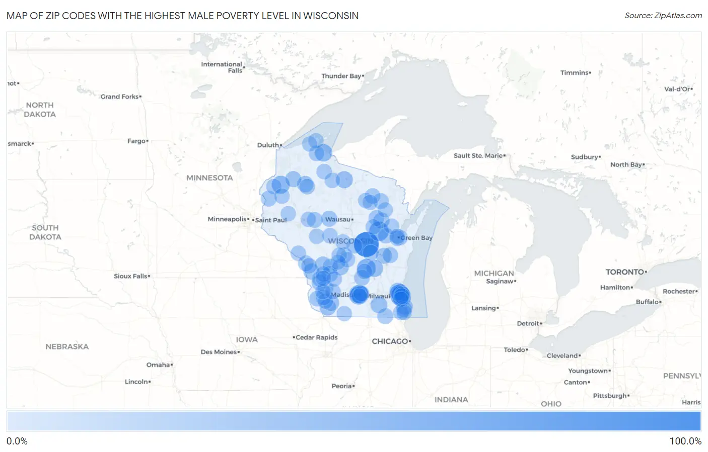 Zip Codes with the Highest Male Poverty Level in Wisconsin Map