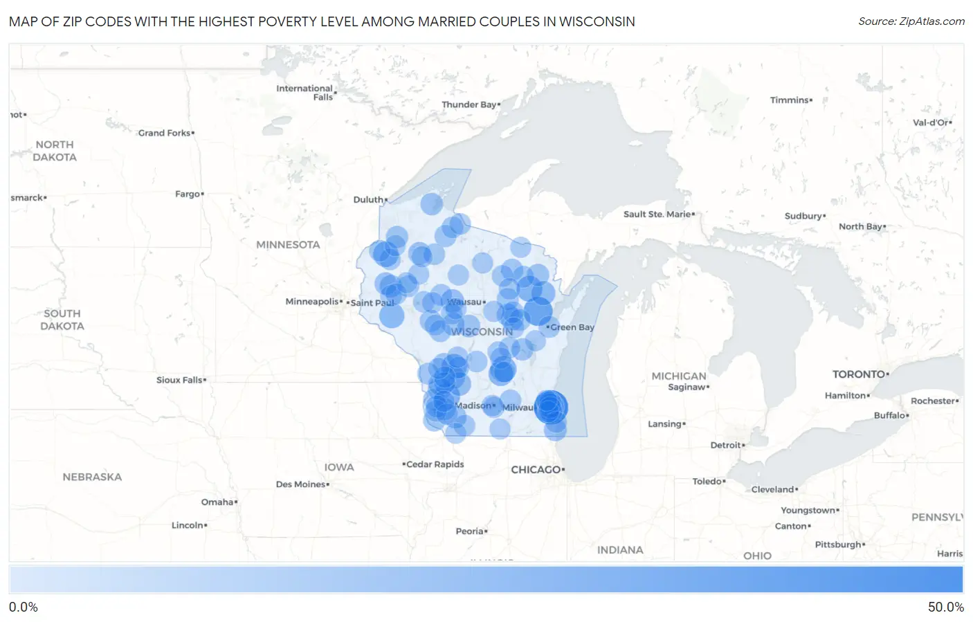 Zip Codes with the Highest Poverty Level Among Married Couples in Wisconsin Map