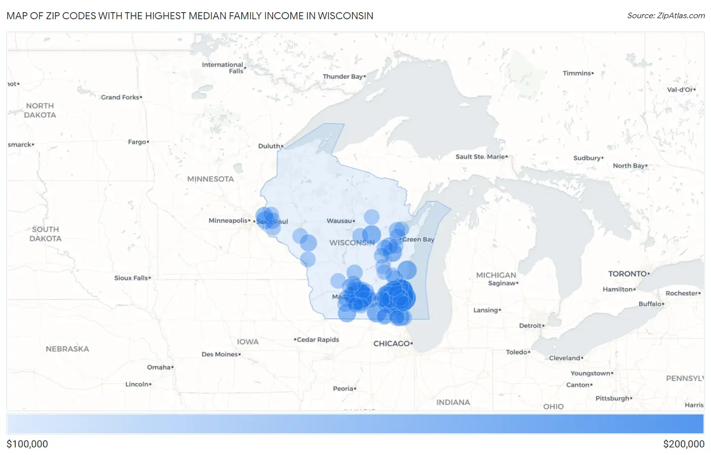 Zip Codes with the Highest Median Family Income in Wisconsin Map