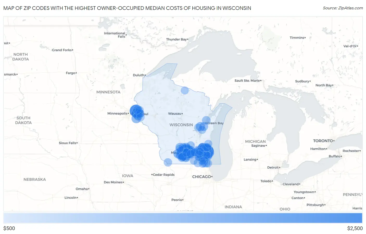 Zip Codes with the Highest Owner-Occupied Median Costs of Housing in Wisconsin Map