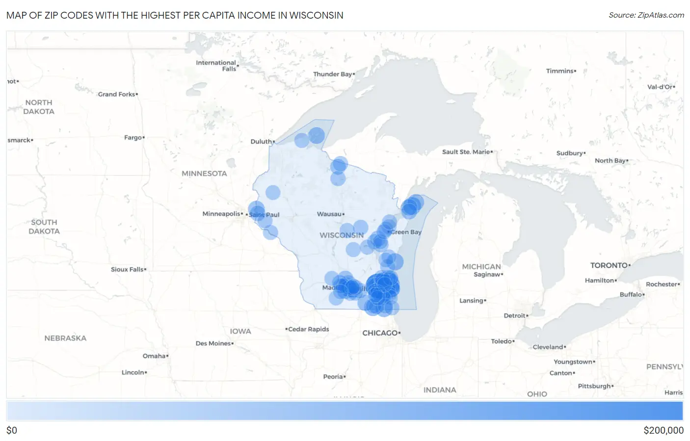 Zip Codes with the Highest Per Capita Income in Wisconsin Map