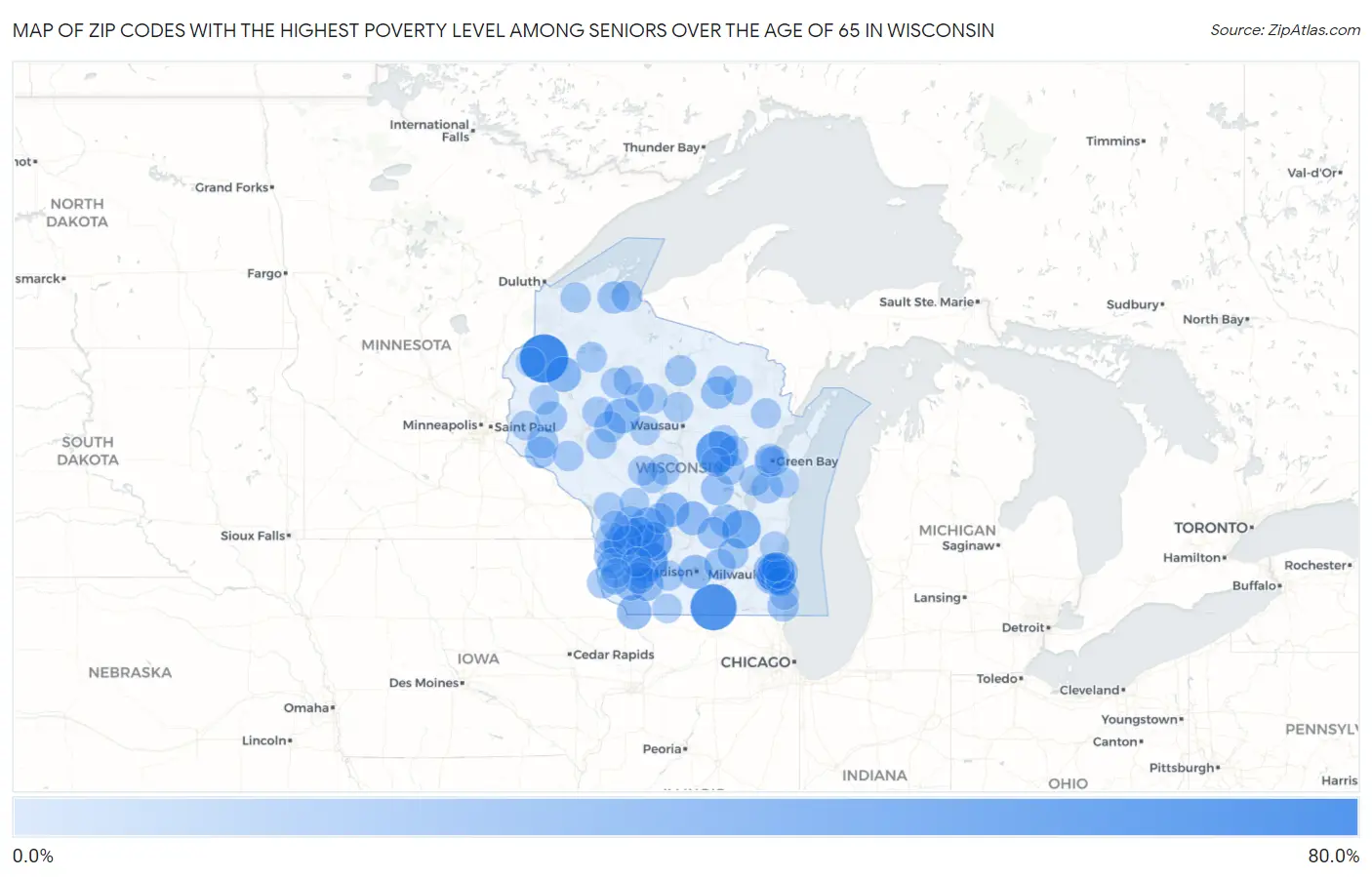 Zip Codes with the Highest Poverty Level Among Seniors Over the Age of 65 in Wisconsin Map