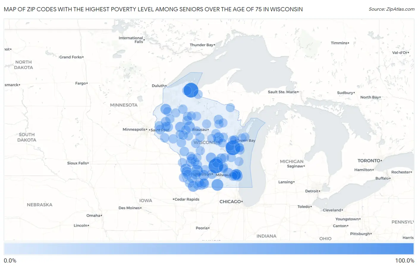 Zip Codes with the Highest Poverty Level Among Seniors Over the Age of 75 in Wisconsin Map
