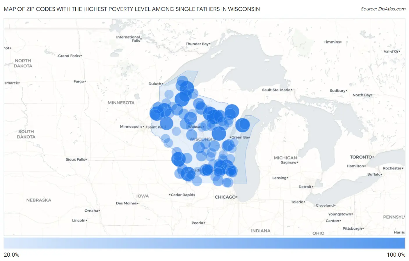 Zip Codes with the Highest Poverty Level Among Single Fathers in Wisconsin Map