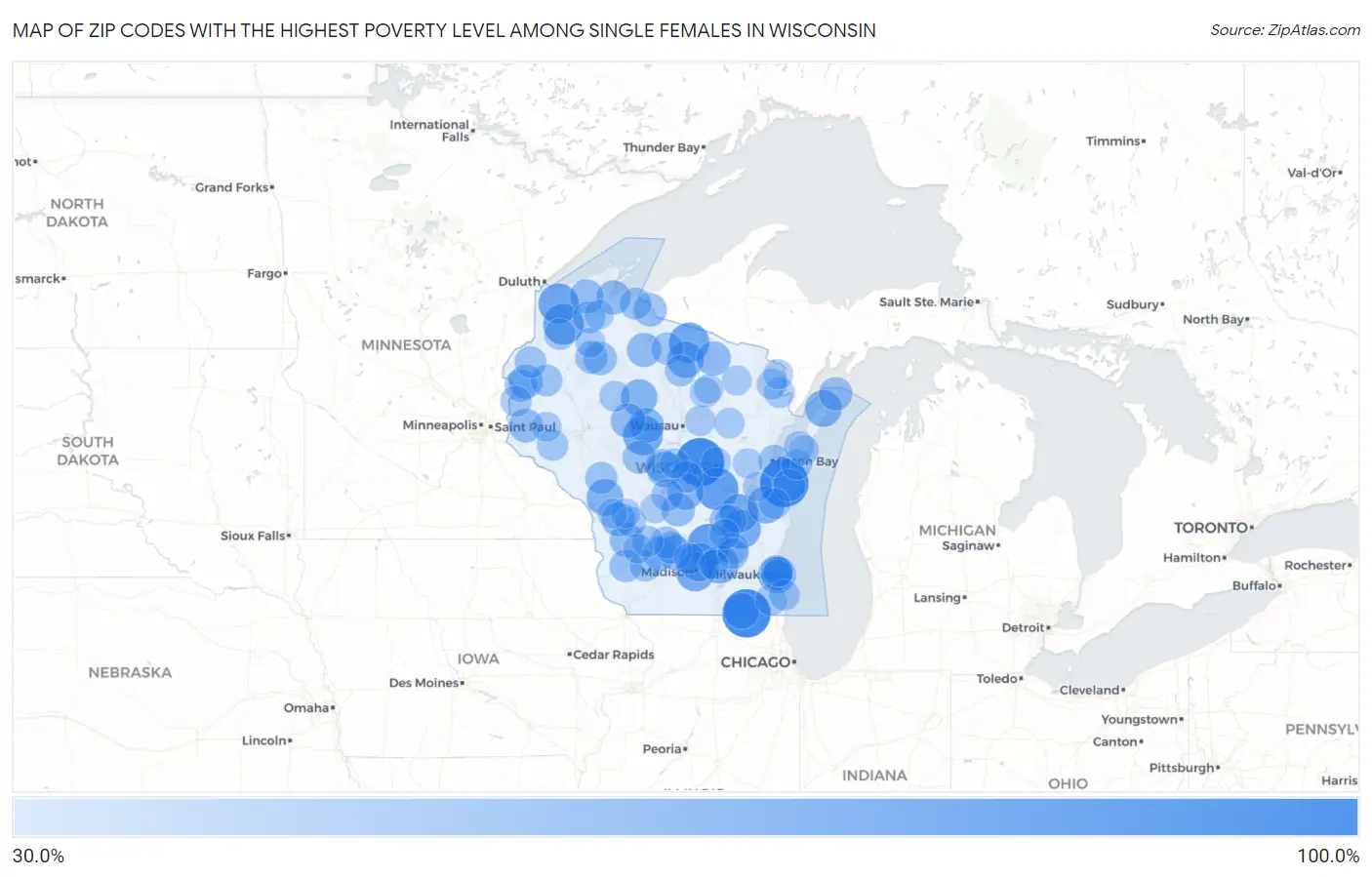 Zip Codes with the Highest Poverty Level Among Single Females in Wisconsin Map