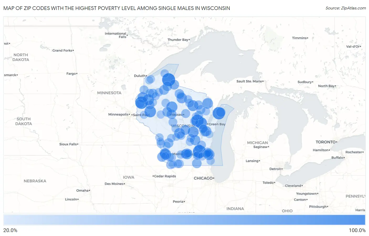 Zip Codes with the Highest Poverty Level Among Single Males in Wisconsin Map