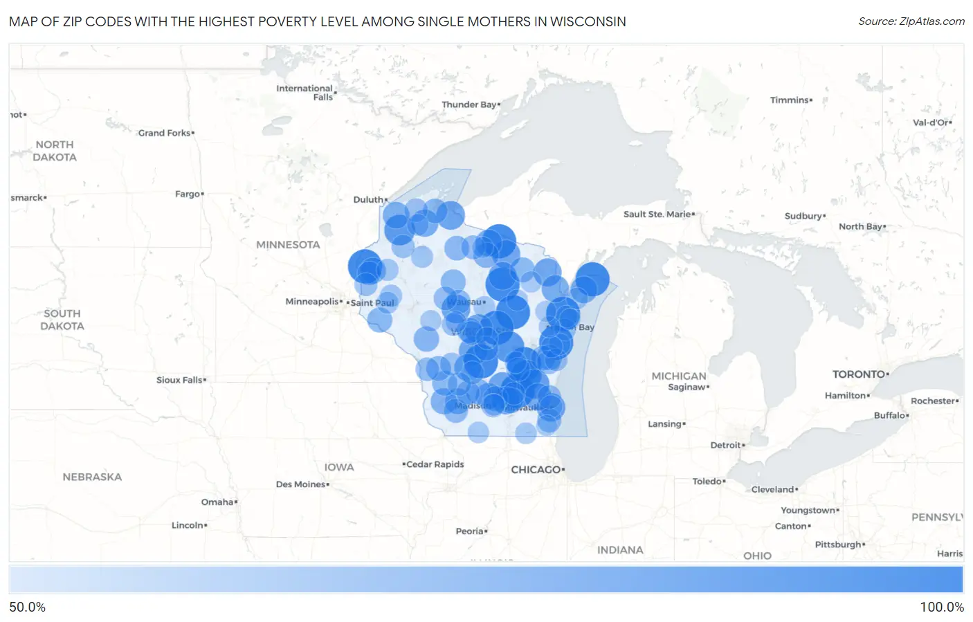 Zip Codes with the Highest Poverty Level Among Single Mothers in Wisconsin Map