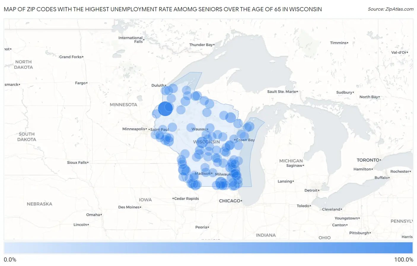 Zip Codes with the Highest Unemployment Rate Amomg Seniors Over the Age of 65 in Wisconsin Map