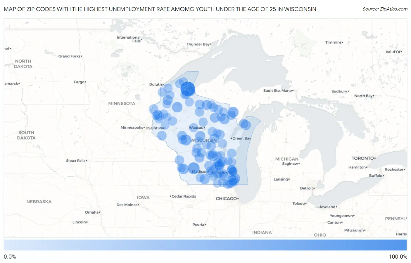 Zip Codes with the Highest Unemployment Rate Amomg Youth Under the Age of 25 in Wisconsin Map