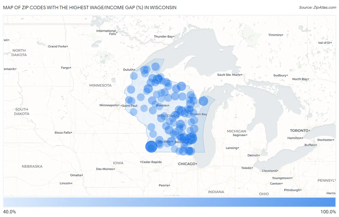 Zip Codes with the Highest Wage/Income Gap (%) in Wisconsin Map