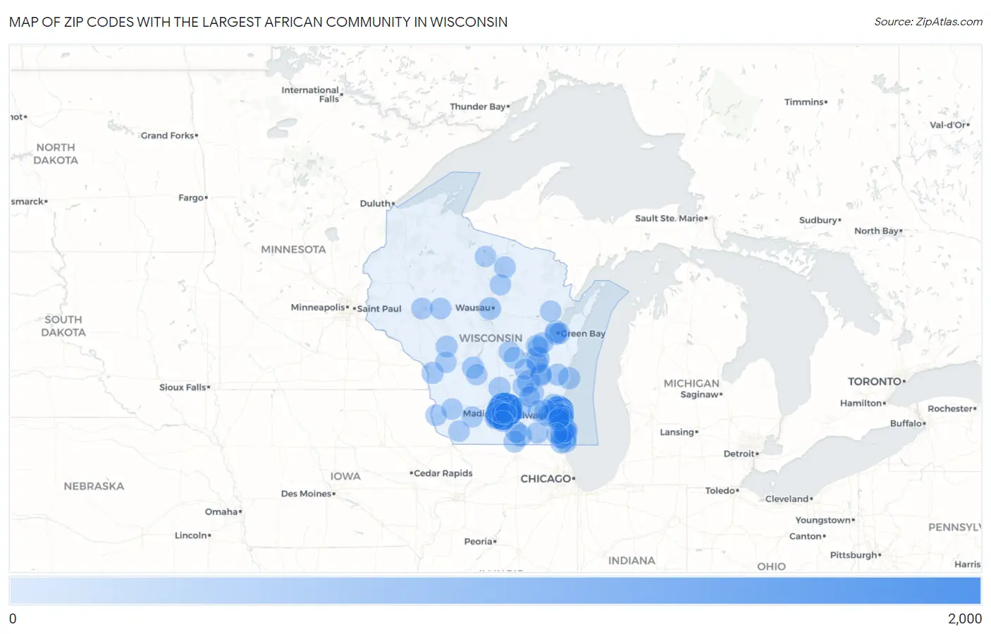 Zip Codes with the Largest African Community in Wisconsin Map