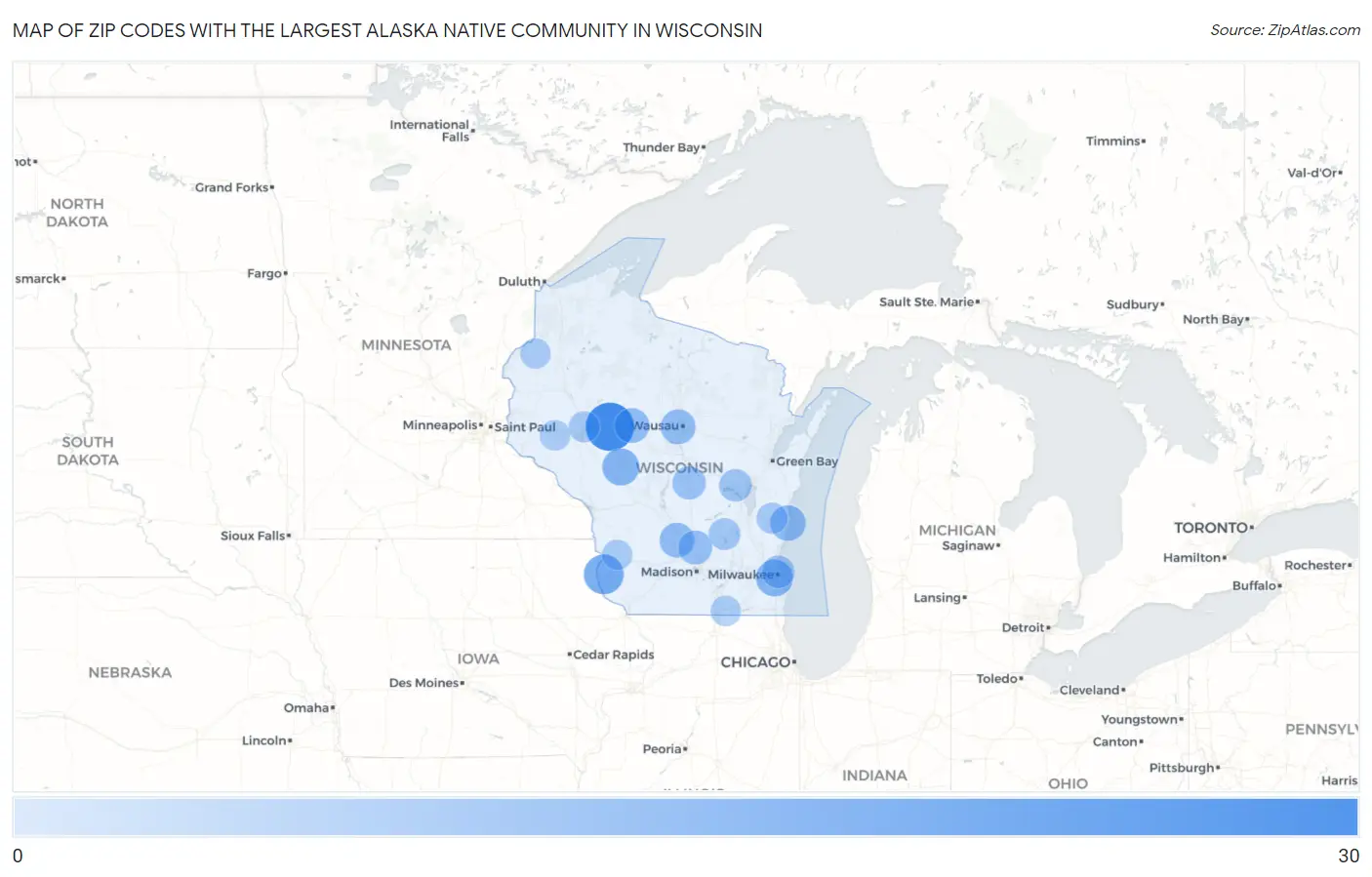 Zip Codes with the Largest Alaska Native Community in Wisconsin Map