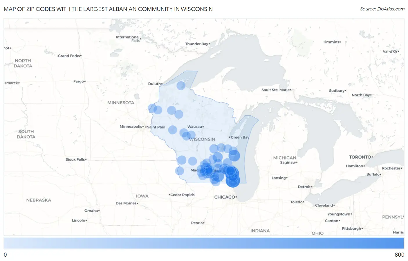 Zip Codes with the Largest Albanian Community in Wisconsin Map