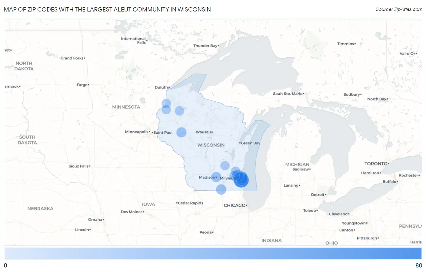 Zip Codes with the Largest Aleut Community in Wisconsin Map